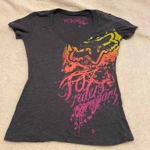 FOX Racing- grey t-shirt with multi colored graphics on front & back..size Small